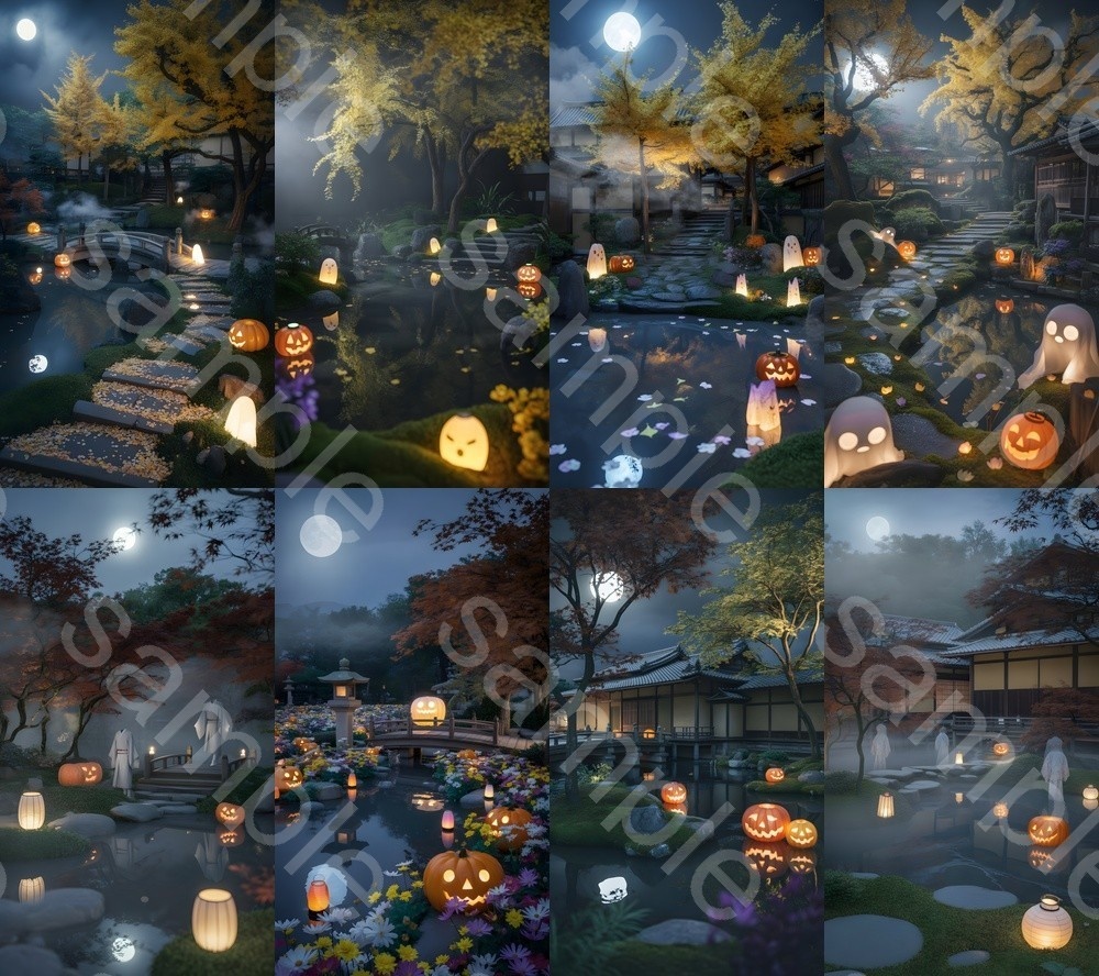 京都庭園 × ハロウィン（秋夜幻想＋雪景差分・全48枚）1080×1920px