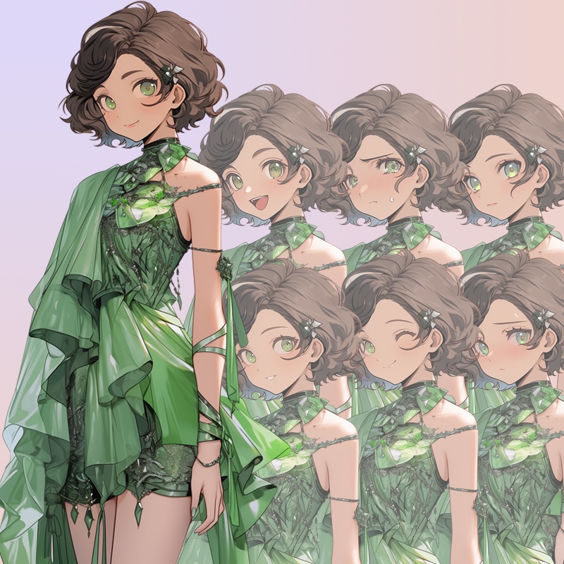 緑の瞳の若い女|半身立ち絵(服装3種*差分7種=合計21枚)