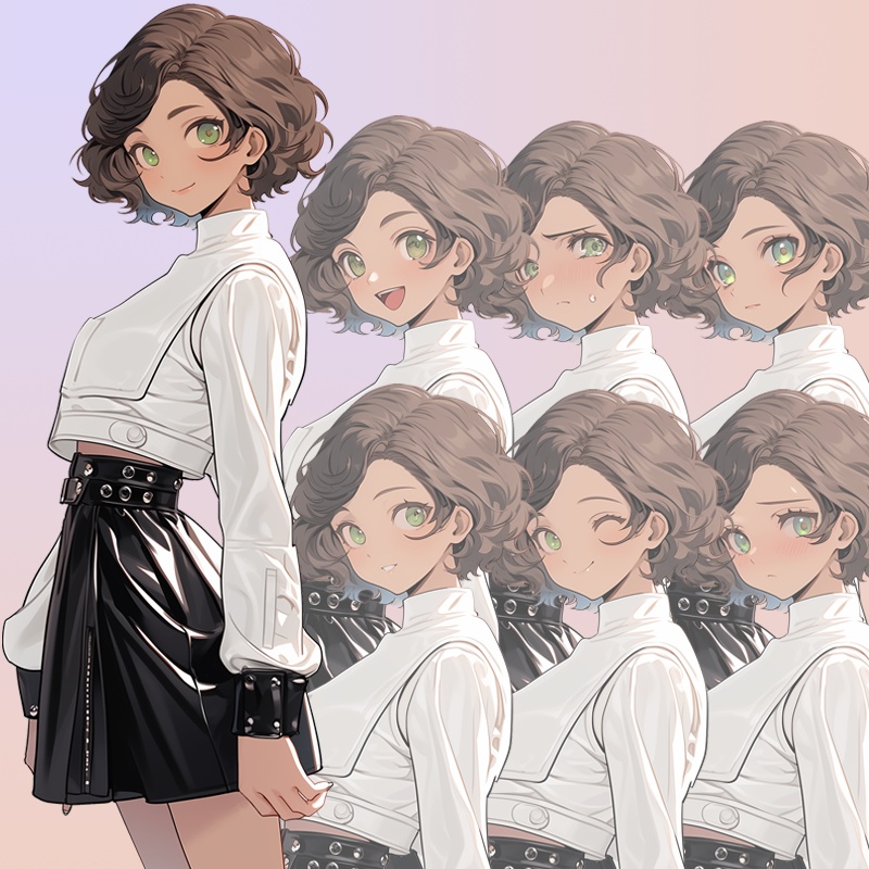 緑の瞳の若い女|半身立ち絵(服装3種*差分7種=合計21枚)