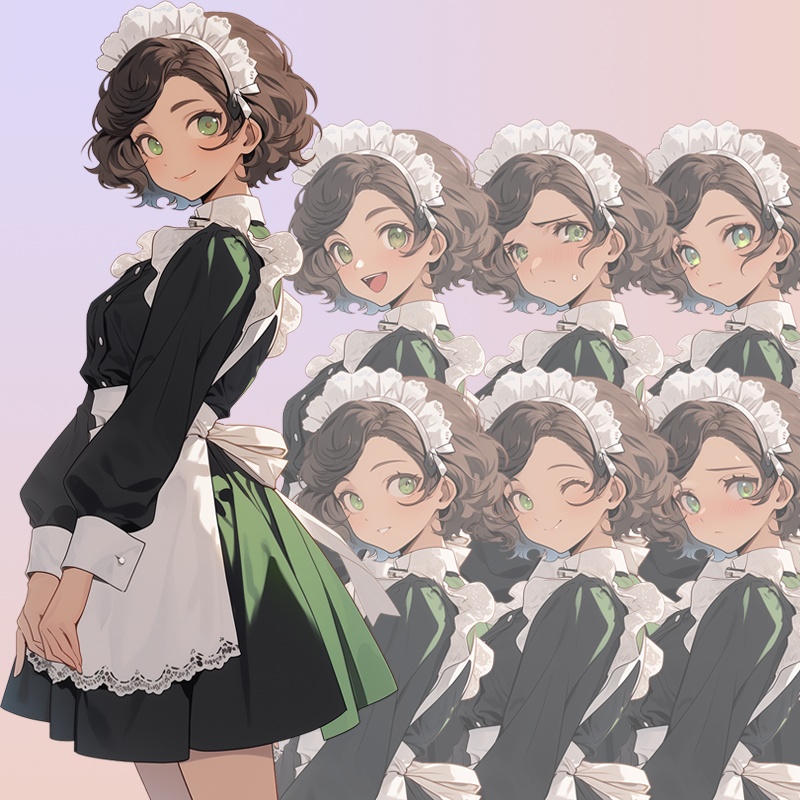 緑の瞳の若い女|半身立ち絵(服装3種*差分7種=合計21枚)