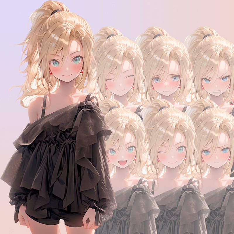 ポニーテールの若い女|半身立ち絵(服装3種×差分7種=合計21枚)