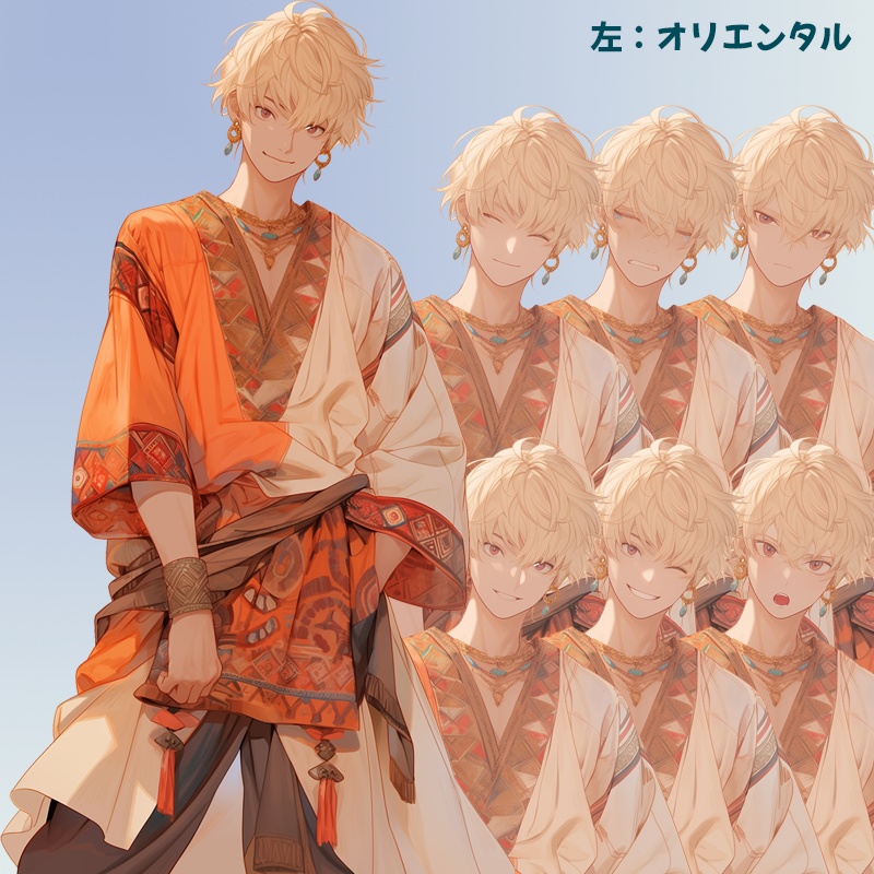 耳飾りの若い男|半身立ち絵(服装3種×差分7種=合計21枚)