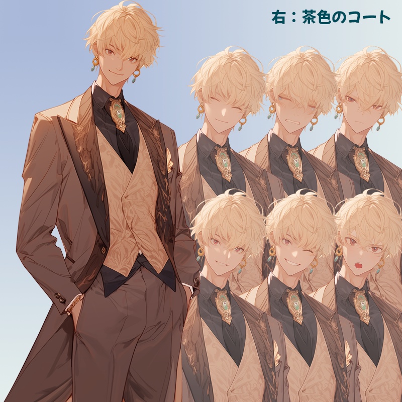 耳飾りの若い男|半身立ち絵(服装3種×差分7種=合計21枚)