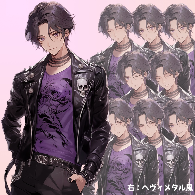 紫のピアスの若い男|半身立ち絵(服装3種×差分8種=合計24枚)