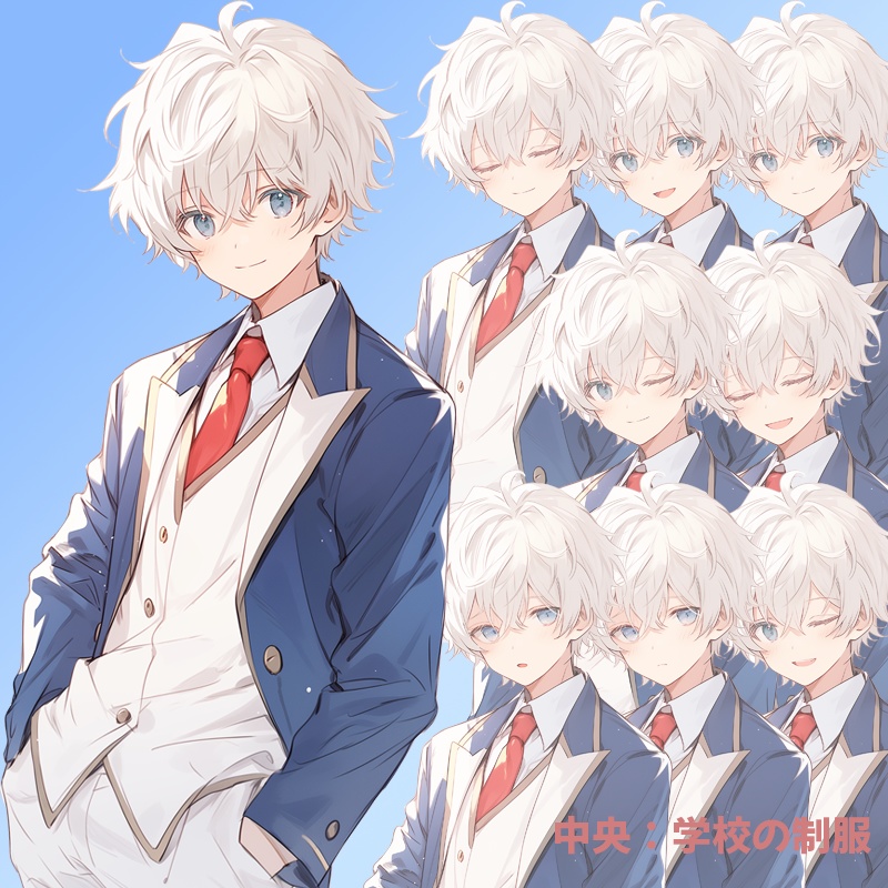 ふわ髪の青年|半身立ち絵(服装3種×差分8種=合計24枚)