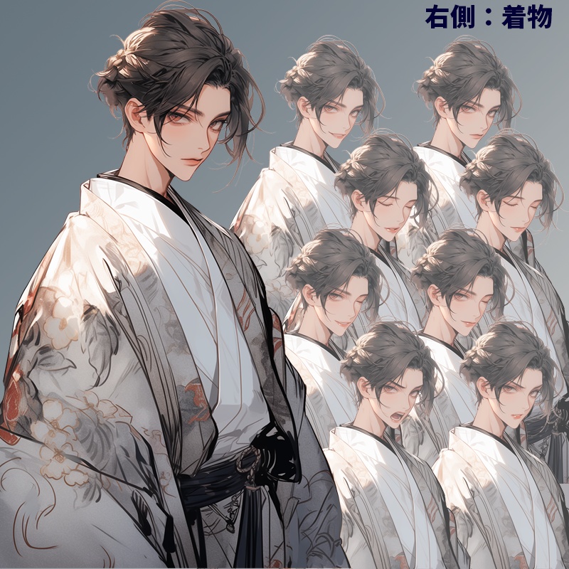 束ね髪の男|半身立ち絵(服装3種×差分8種=合計24枚)