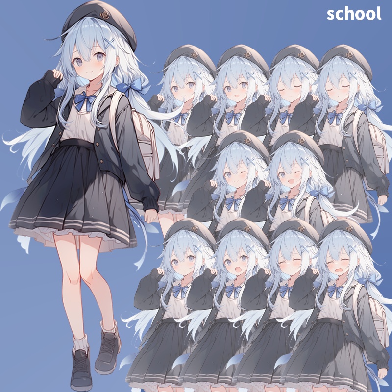 青髪の少女|全身立ち絵(服装3種×表情差分10種=合計30枚)