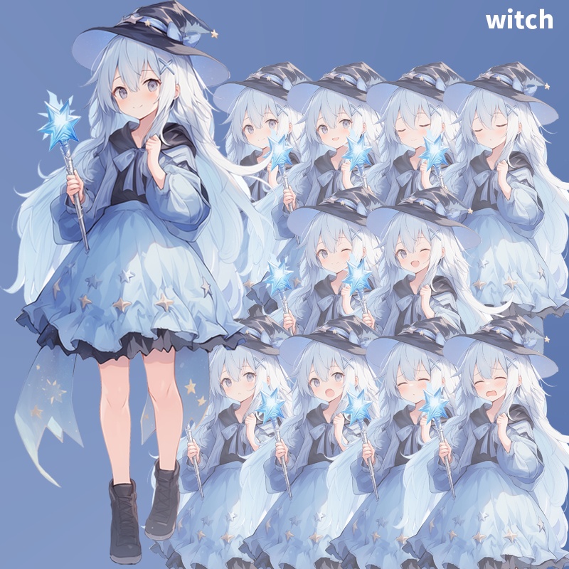 青髪の少女|全身立ち絵(服装3種×表情差分10種=合計30枚)