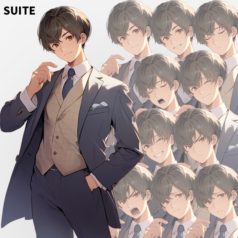 サラサラ髪の男|半身立ち絵(服装3種×表情差分10種=合計30枚)