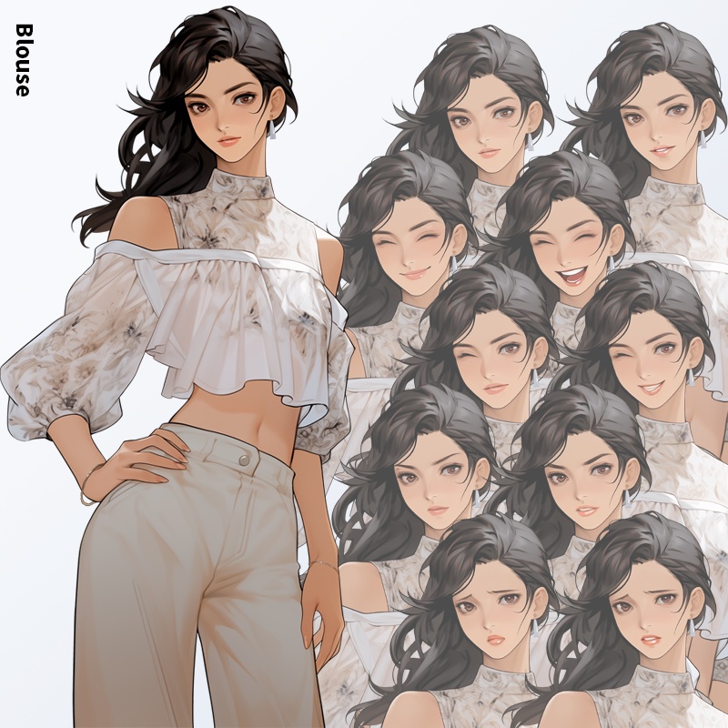 大人の女性|半身立ち絵(服装3種×表情差分10種=合計30枚)