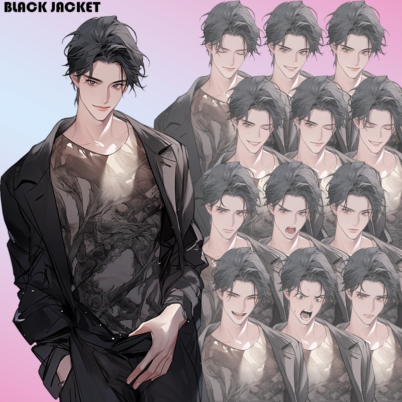 グレーの瞳の若い男|半身立ち絵(服装3種×表情差分12種=合計36枚)