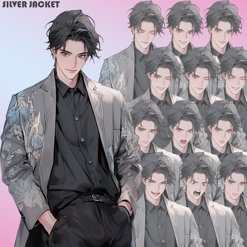 グレーの瞳の若い男|半身立ち絵(服装3種×表情差分12種=合計36枚)