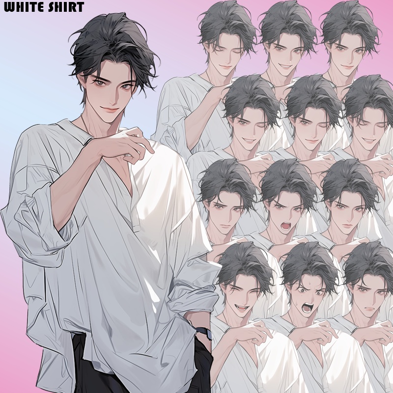 グレーの瞳の若い男|半身立ち絵(服装3種×表情差分12種=合計36枚)