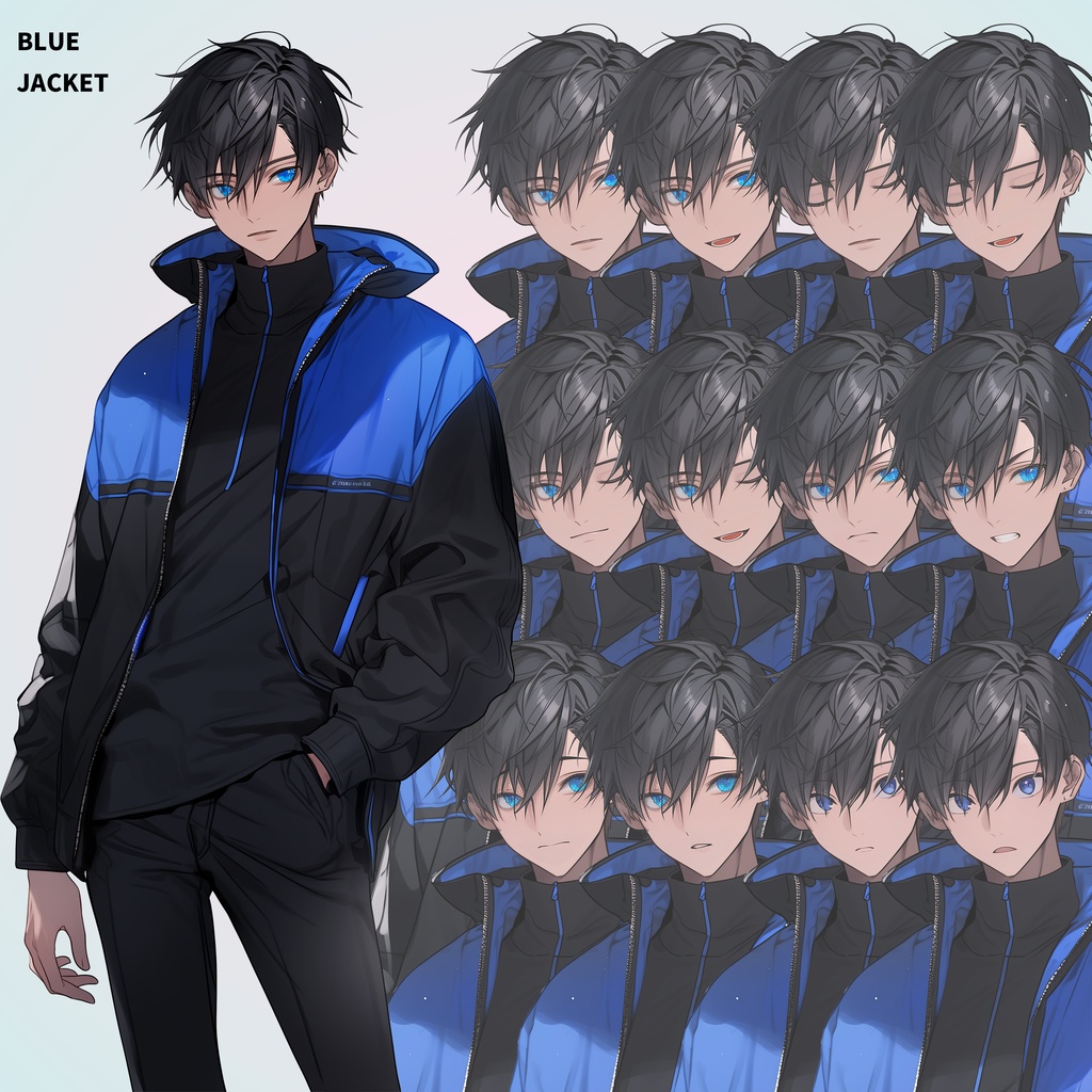 水色の瞳の男性|半身立ち絵(服装3種×表情差分12種=合計36枚)