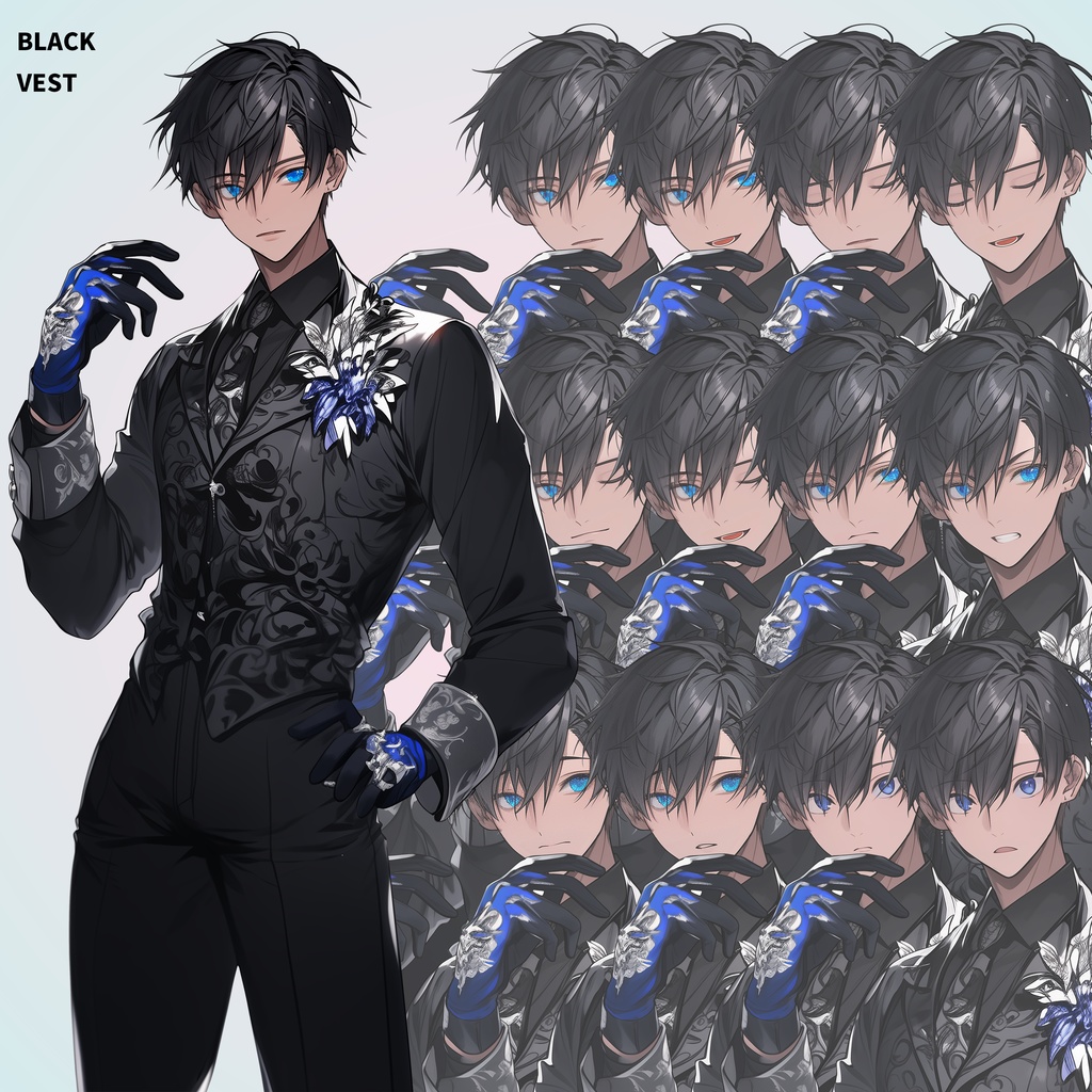 水色の瞳の男性|半身立ち絵(服装3種×表情差分12種=合計36枚)