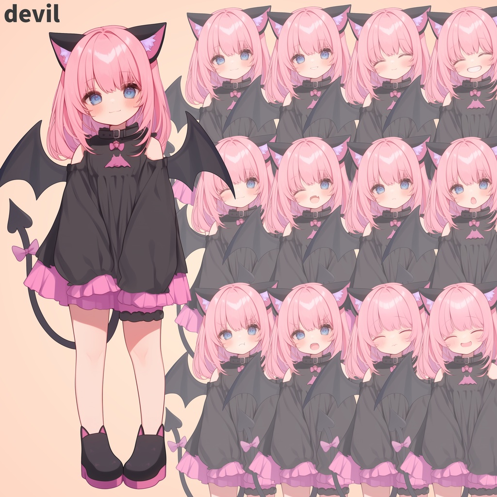 黒猫の少女|全身立ち絵(服装3種×表情差分12種=合計36枚)