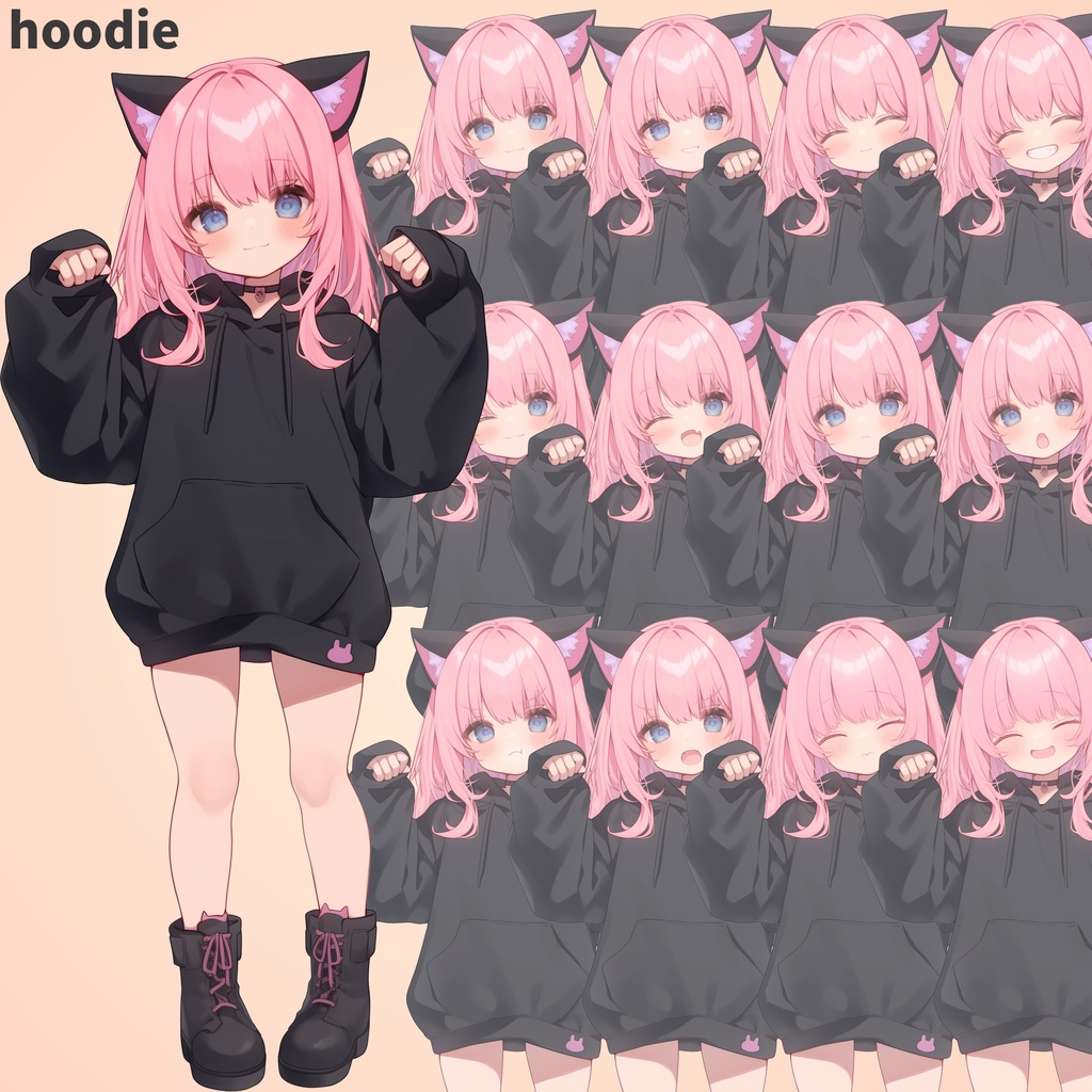 黒猫の少女|全身立ち絵(服装3種×表情差分12種=合計36枚)