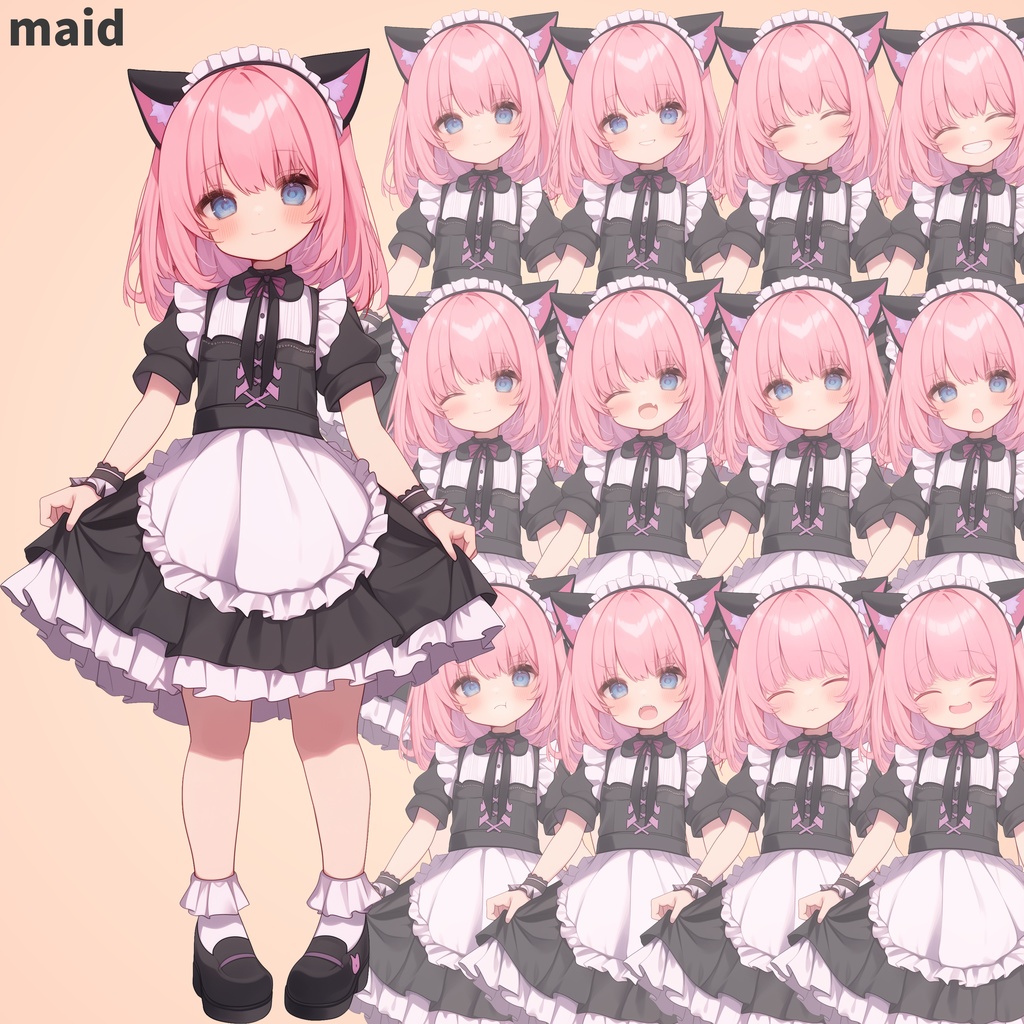 黒猫の少女|全身立ち絵(服装3種×表情差分12種=合計36枚)