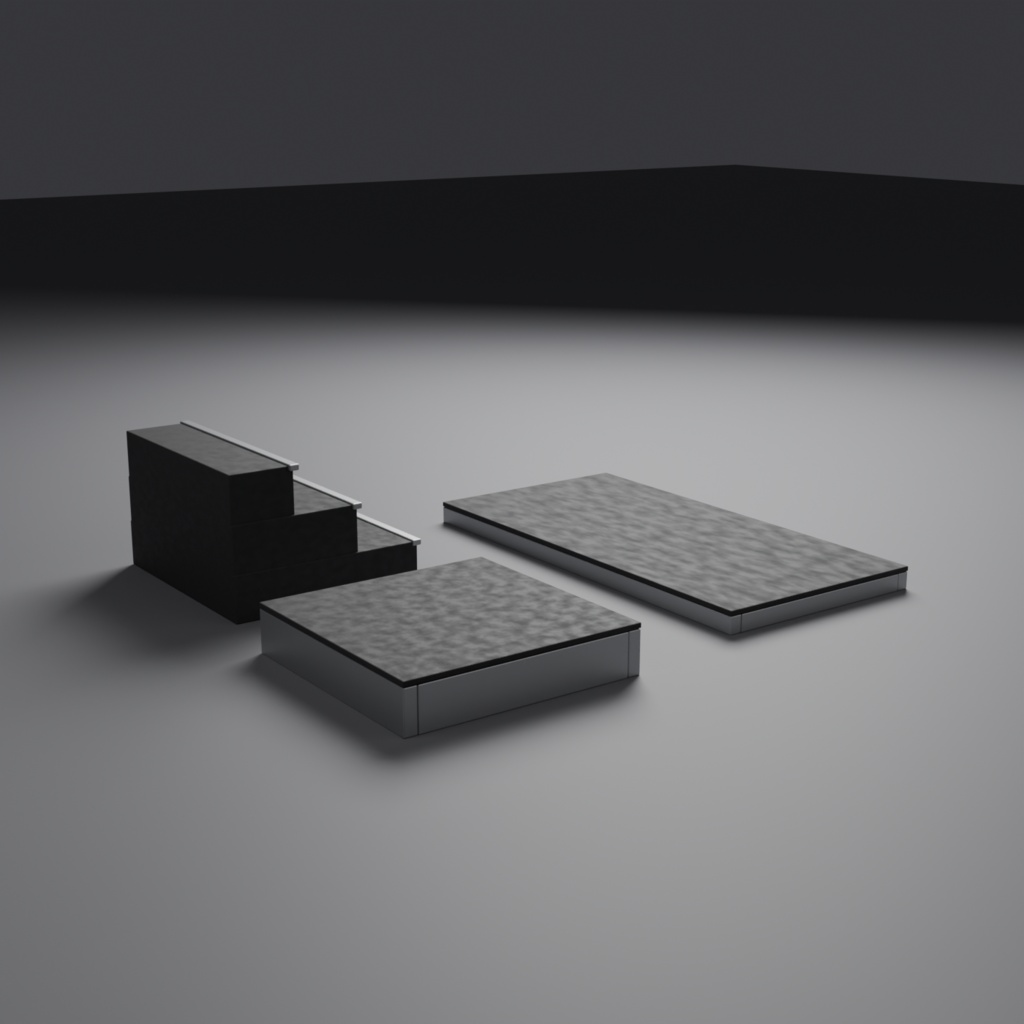 ステージ床パネル(平台2×1m/段差200mm/3段階段) 汎用3Dモデル | 3オブジェクト | .glb / .fbx / .obj | 背景素材(映像制作向け)