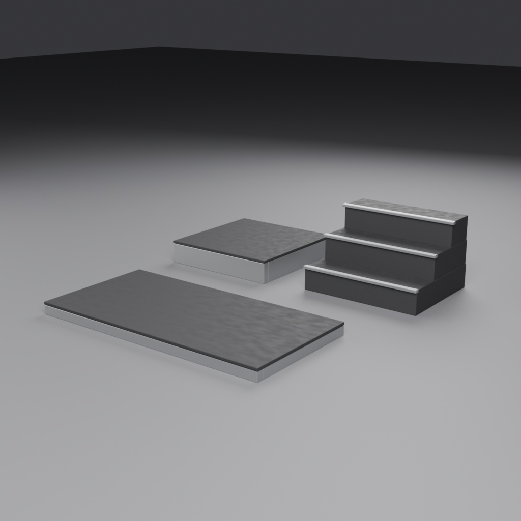 ステージ床パネル（平台2×1m／段差200mm／3段階段） 汎用3Dモデル ｜ 3オブジェクト ｜ .glb / .fbx / .obj ｜ 背景素材（映像制作向け）