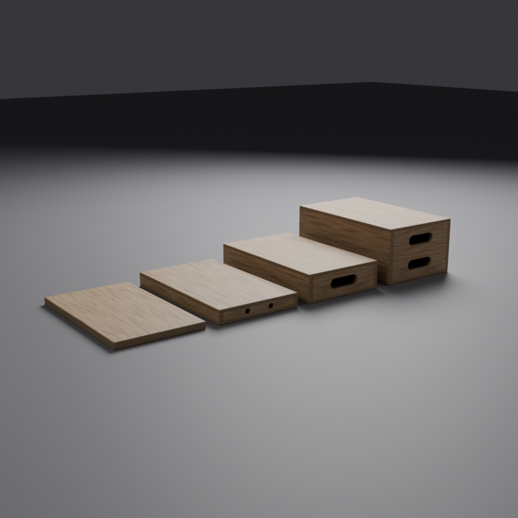 アップルボックス／木箱（撮影現場の箱馬）4サイズ 汎用3Dモデル ｜ 4オブジェクト ｜ .glb / .fbx / .obj ｜ 背景素材（映像制作向け）