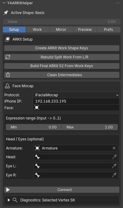 YAARKitHelper - Blender Addon for 52 ARKit Blendshapes (Perfect Sync)