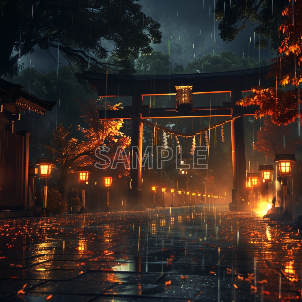 静けさが降りる刻― 灯が残る鳥居と猫|和風背景素材 10枚セット