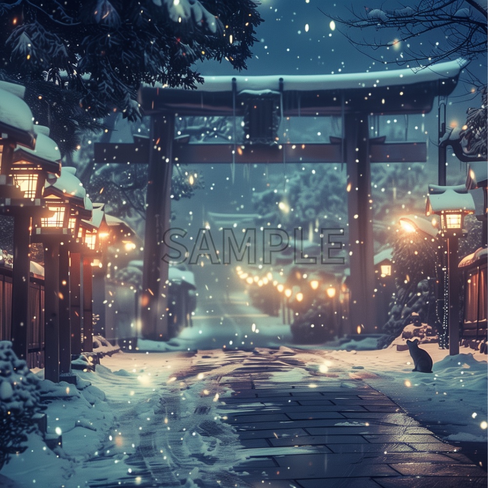 静けさが降りる刻― 灯が残る鳥居と猫|和風背景素材 10枚セット