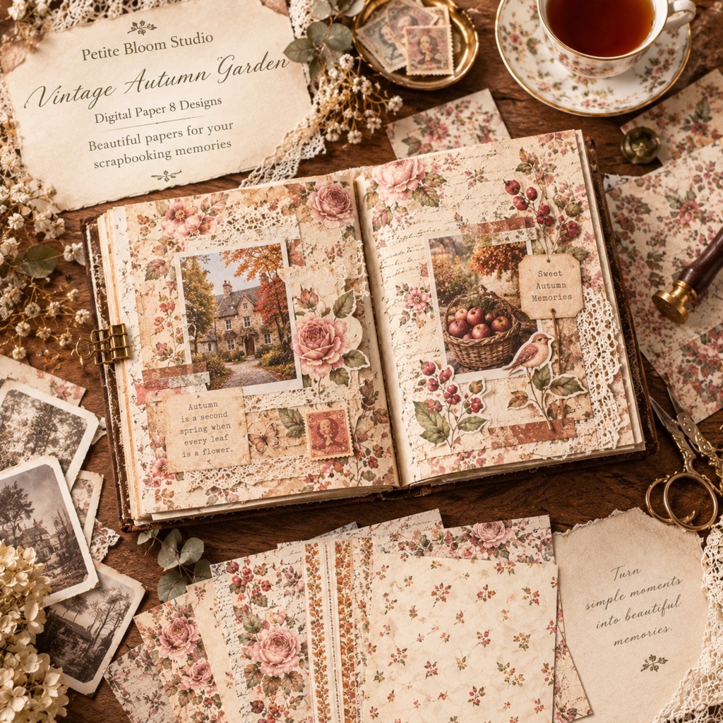 Vintage Autumn Garden|ヴィンテージ秋のデジタルペーパー 8枚セット|シームレス|ジャンクジャーナル・コラージュ素材