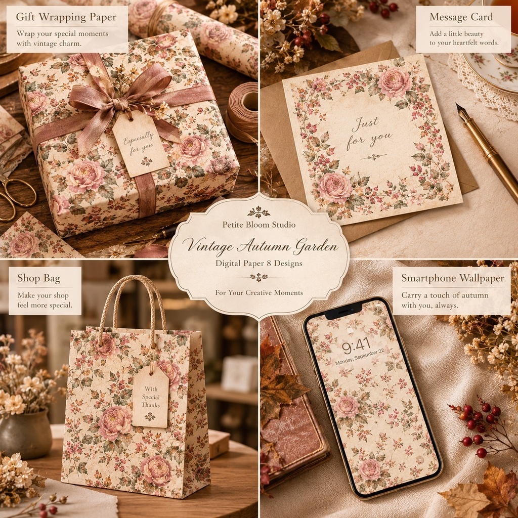 Vintage Autumn Garden|ヴィンテージ秋のデジタルペーパー 8枚セット|シームレス|ジャンクジャーナル・コラージュ素材