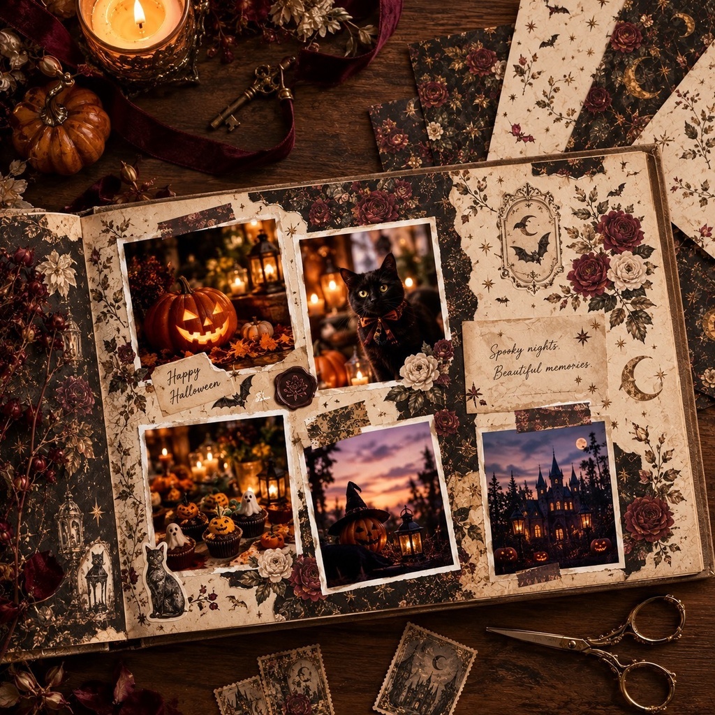 Elegant Halloween|エレガント・ハロウィン デジタルペーパー 8枚セット|ヴィンテージ・ゴシック・ボタニカル ジャンクジャーナル コラージュ