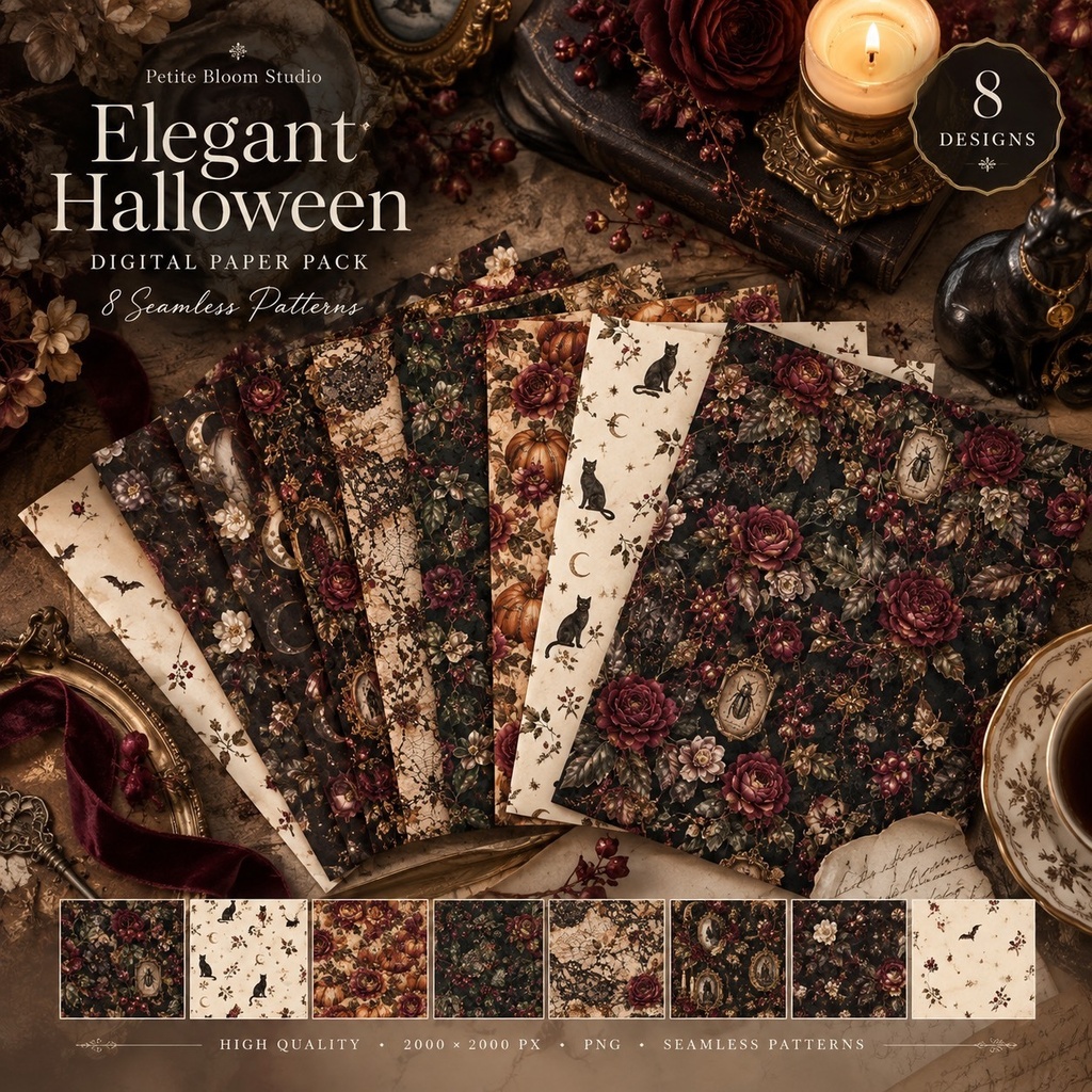 Elegant Halloween｜エレガント・ハロウィン デジタルペーパー 8枚セット｜ヴィンテージ・ゴシック・ボタニカル ジャンクジャーナル　コラージュ