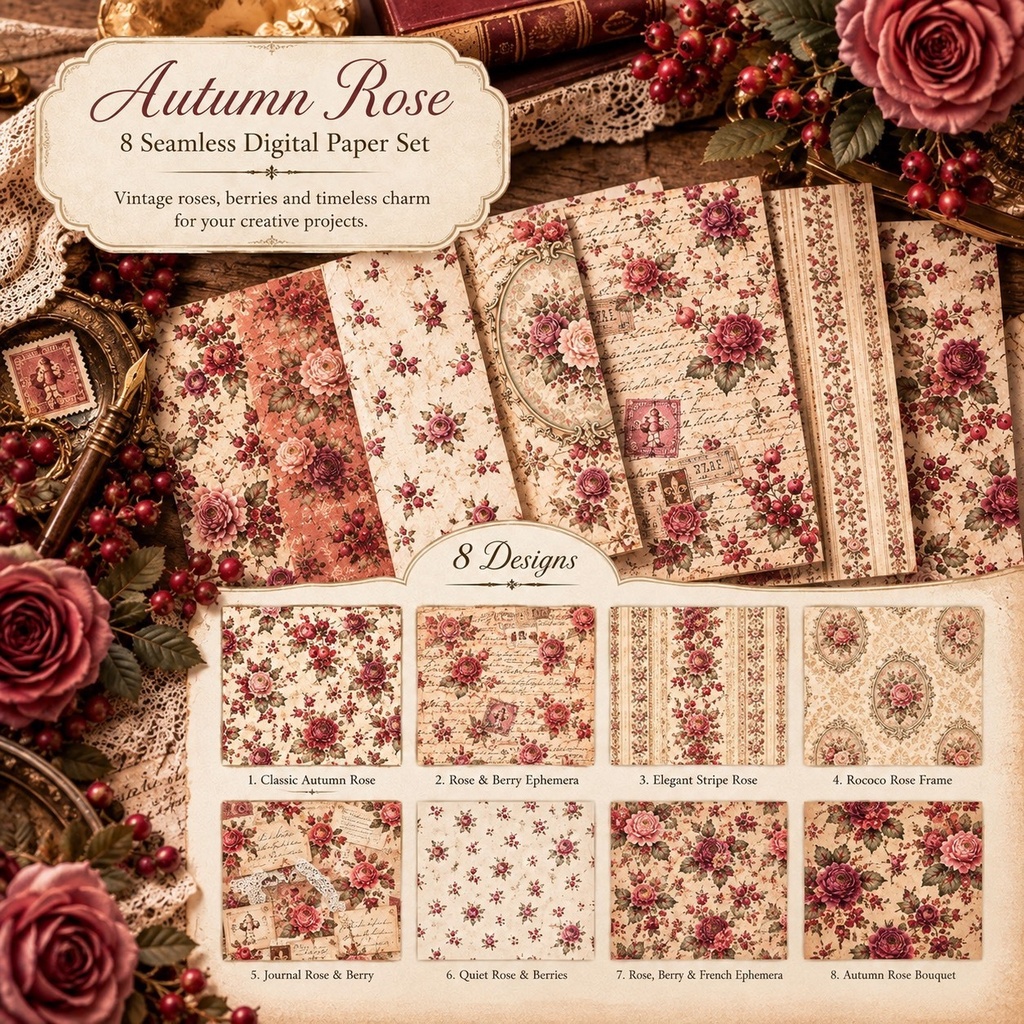 Autumn Rose|秋のローズ デジタルペーパー 8枚セット|シームレスパターン|ジャンクジャーナル・コラージュ素材