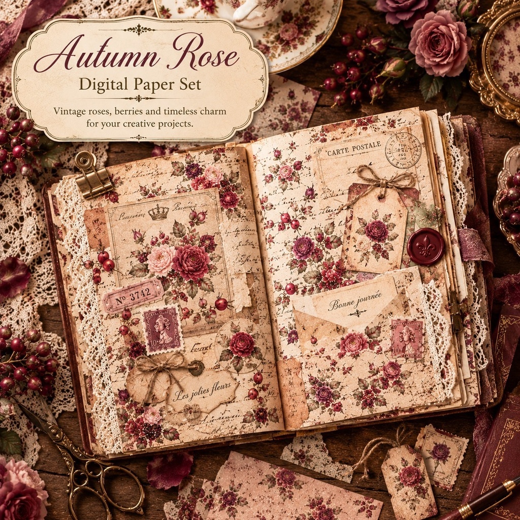 Autumn Rose|秋のローズ デジタルペーパー 8枚セット|シームレスパターン|ジャンクジャーナル・コラージュ素材
