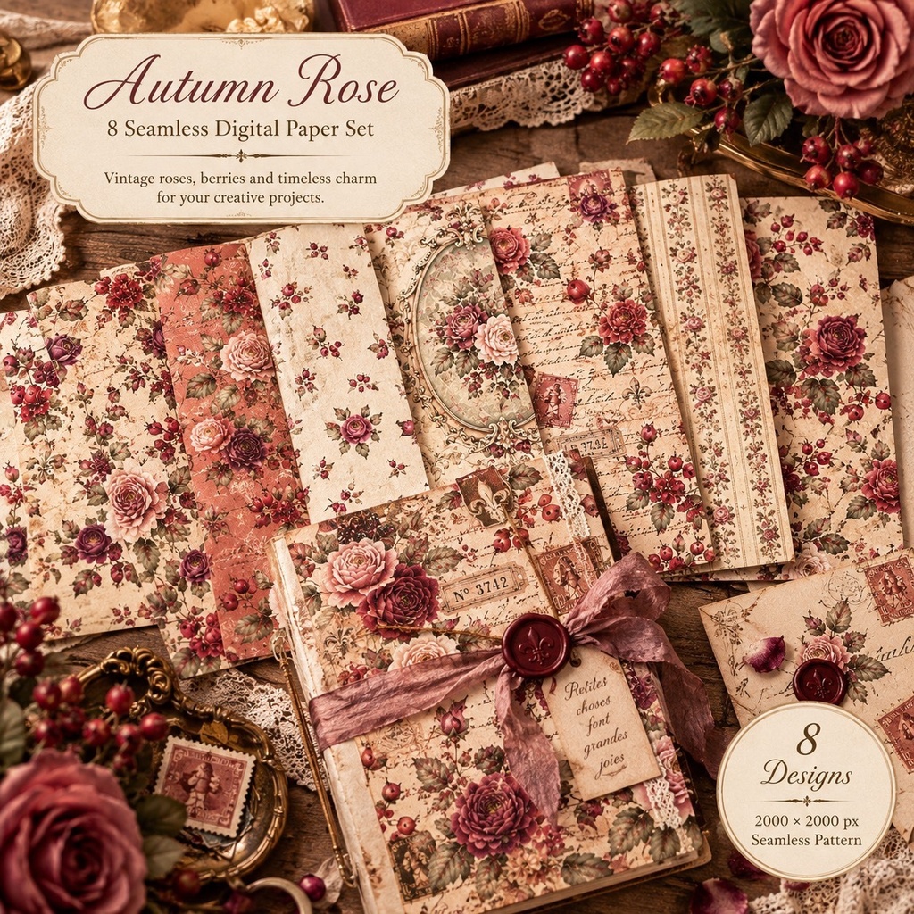 Autumn Rose｜秋のローズ デジタルペーパー 8枚セット｜シームレスパターン｜ジャンクジャーナル・コラージュ素材