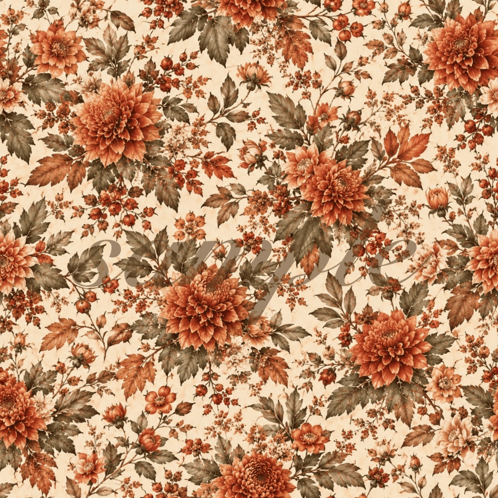 Terracotta Floral|秋色ボタニカル デジタルペーパー 8枚セット|シームレスパターン|ジャンクジャーナル・コラージュ