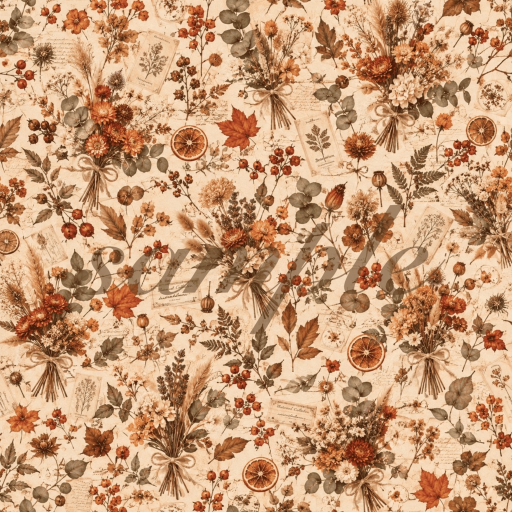 Terracotta Floral|秋色ボタニカル デジタルペーパー 8枚セット|シームレスパターン|ジャンクジャーナル・コラージュ