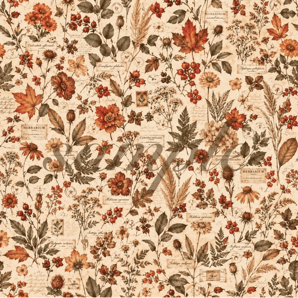 Terracotta Floral|秋色ボタニカル デジタルペーパー 8枚セット|シームレスパターン|ジャンクジャーナル・コラージュ