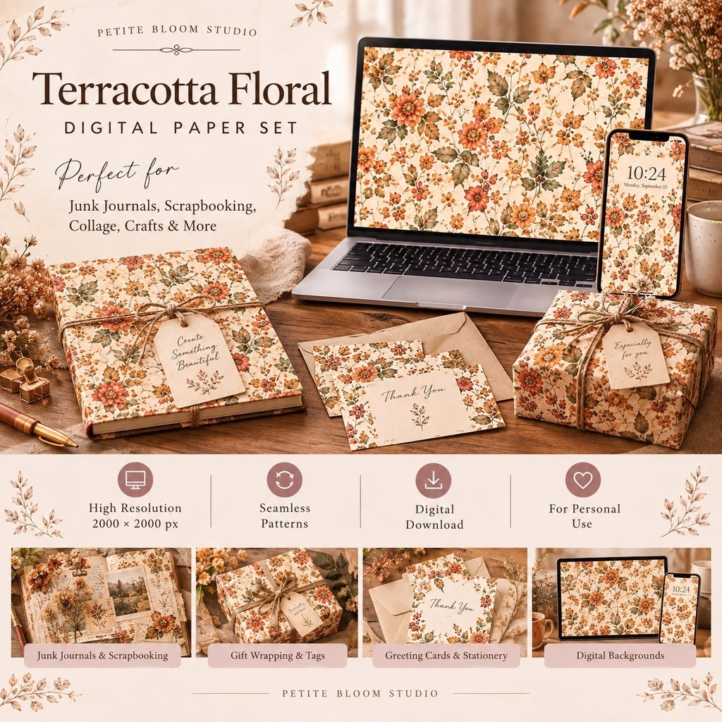 Terracotta Floral|秋色ボタニカル デジタルペーパー 8枚セット|シームレスパターン|ジャンクジャーナル・コラージュ