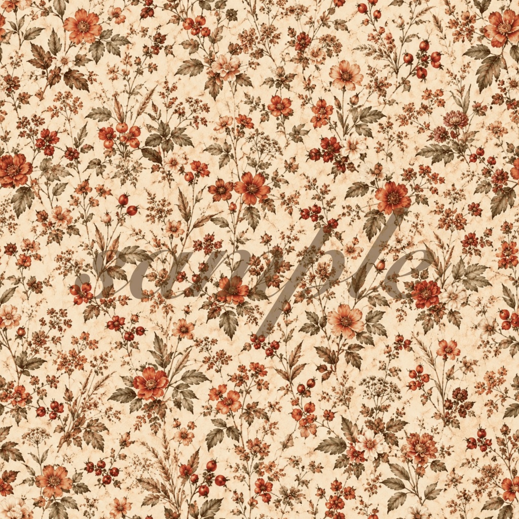 Terracotta Floral|秋色ボタニカル デジタルペーパー 8枚セット|シームレスパターン|ジャンクジャーナル・コラージュ