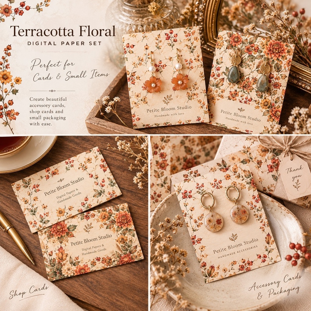 Terracotta Floral|秋色ボタニカル デジタルペーパー 8枚セット|シームレスパターン|ジャンクジャーナル・コラージュ