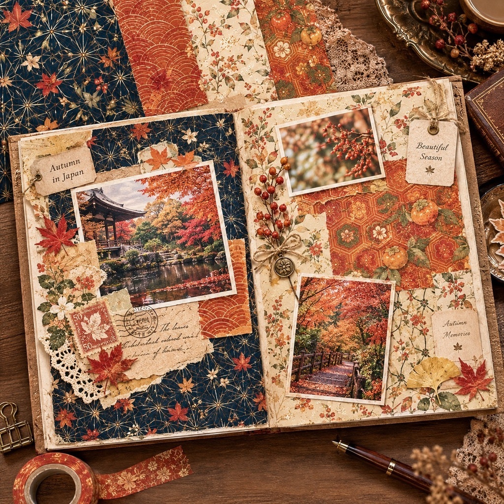 Japanese Autumn Garden｜和柄×秋の植物 デジタルペーパー 8枚セット｜ジャンクジャーナル・コラージュ素材