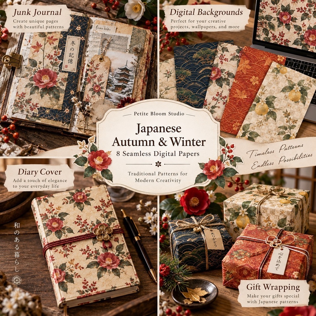 Japanese Autumn & Winter|和柄×秋冬のデジタルペーパー 8枚セット|ジャンクジャーナル・コラージュ素材