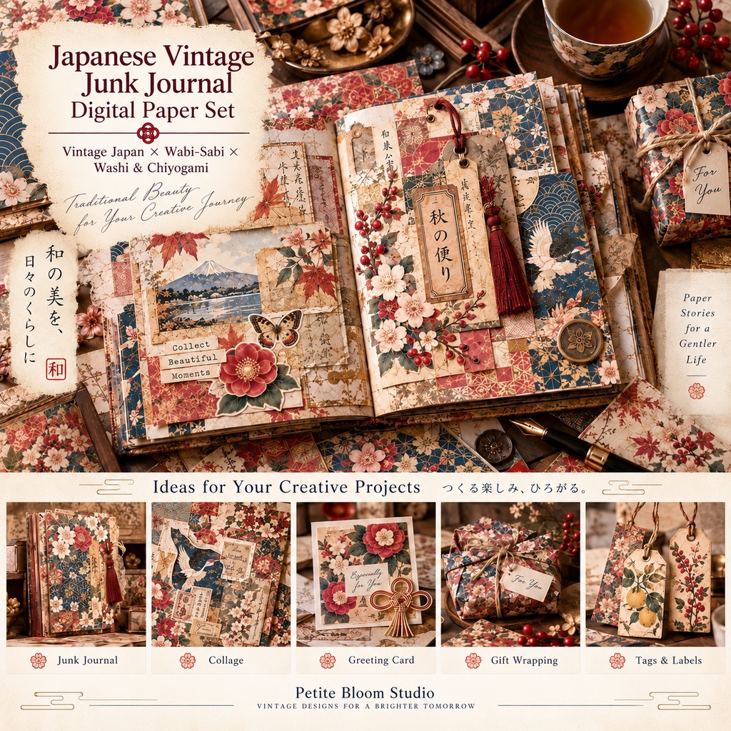 日本のヴィンテージ ジャンクジャーナル デジタルペーパー&コラージュキット|和紙・千代紙