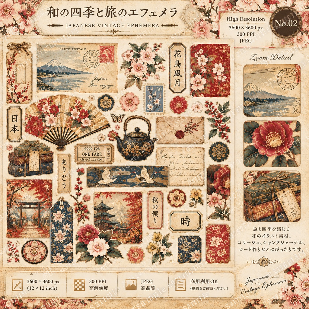 日本のヴィンテージ ジャンクジャーナル デジタルペーパー&コラージュキット|和紙・千代紙
