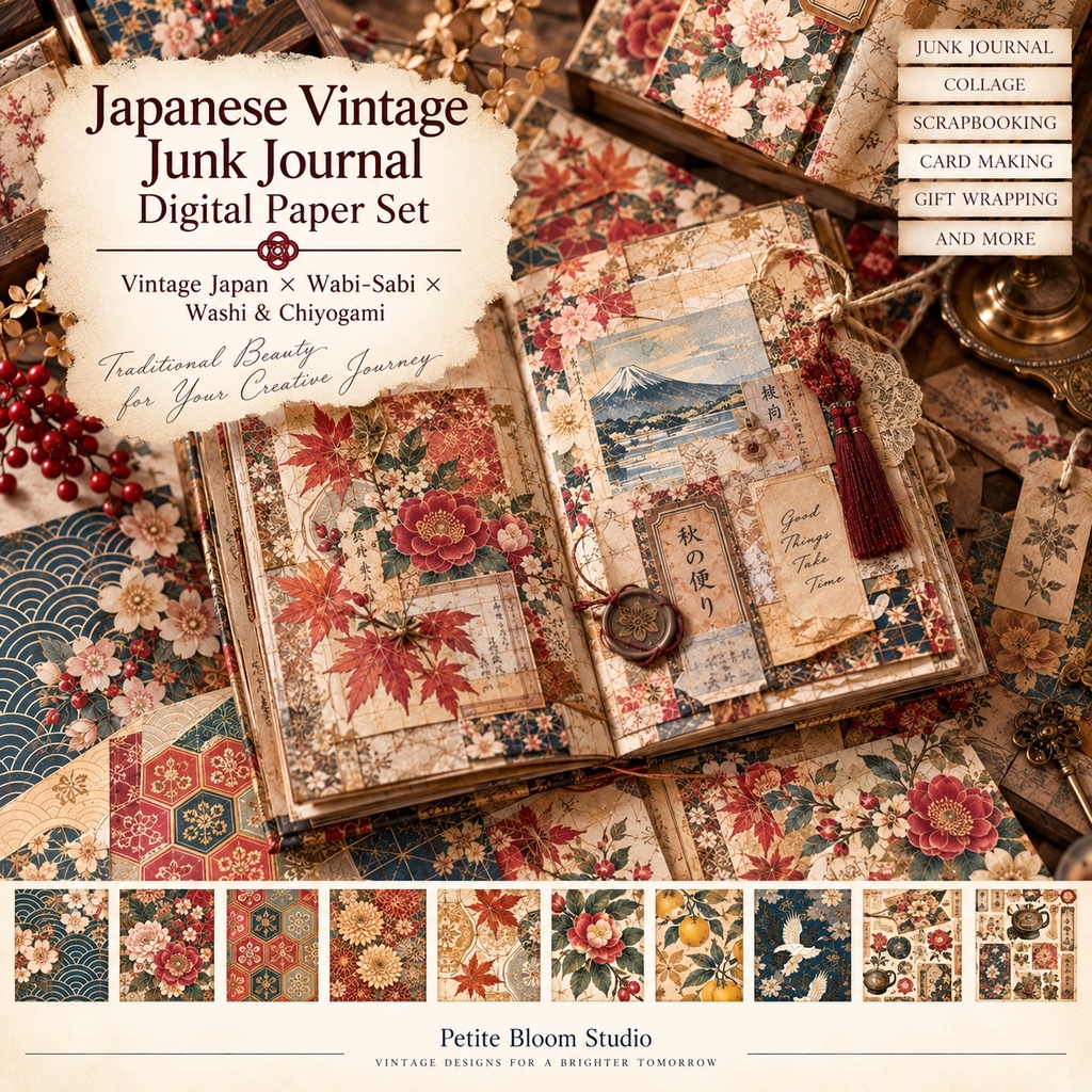 日本のヴィンテージ ジャンクジャーナル デジタルペーパー&コラージュキット|和紙・千代紙