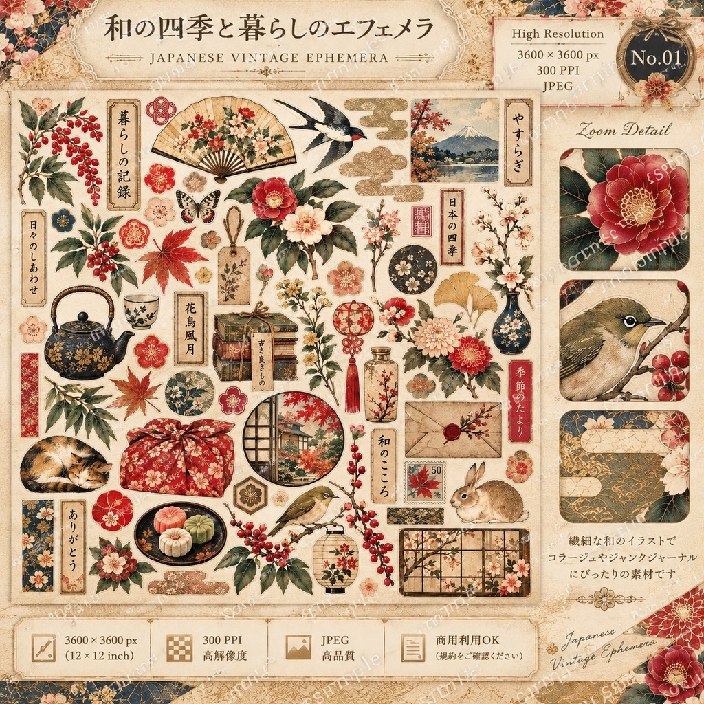 日本のヴィンテージ ジャンクジャーナル デジタルペーパー&コラージュキット|和紙・千代紙