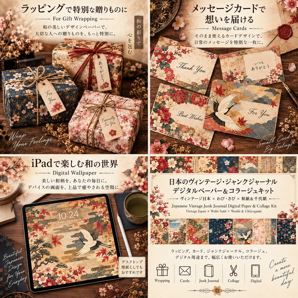 日本のヴィンテージ ジャンクジャーナル デジタルペーパー&コラージュキット|和紙・千代紙