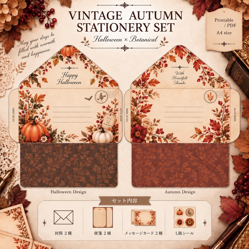 Halloween × Botanical|ヴィンテージ秋のステーショナリーセット Vintage Autumn Stationery Set