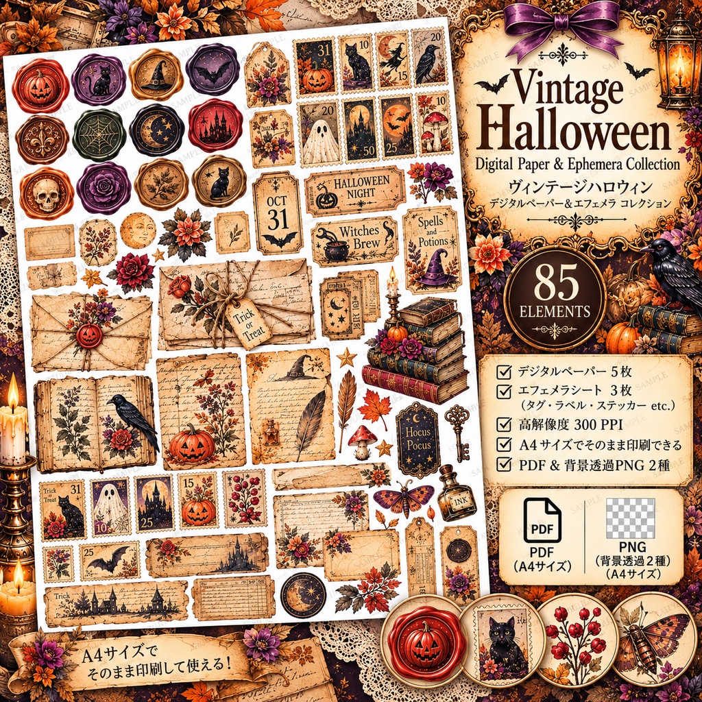 ヴィンテージハロウィン デジタルペーパー&エフェメラ コレクション